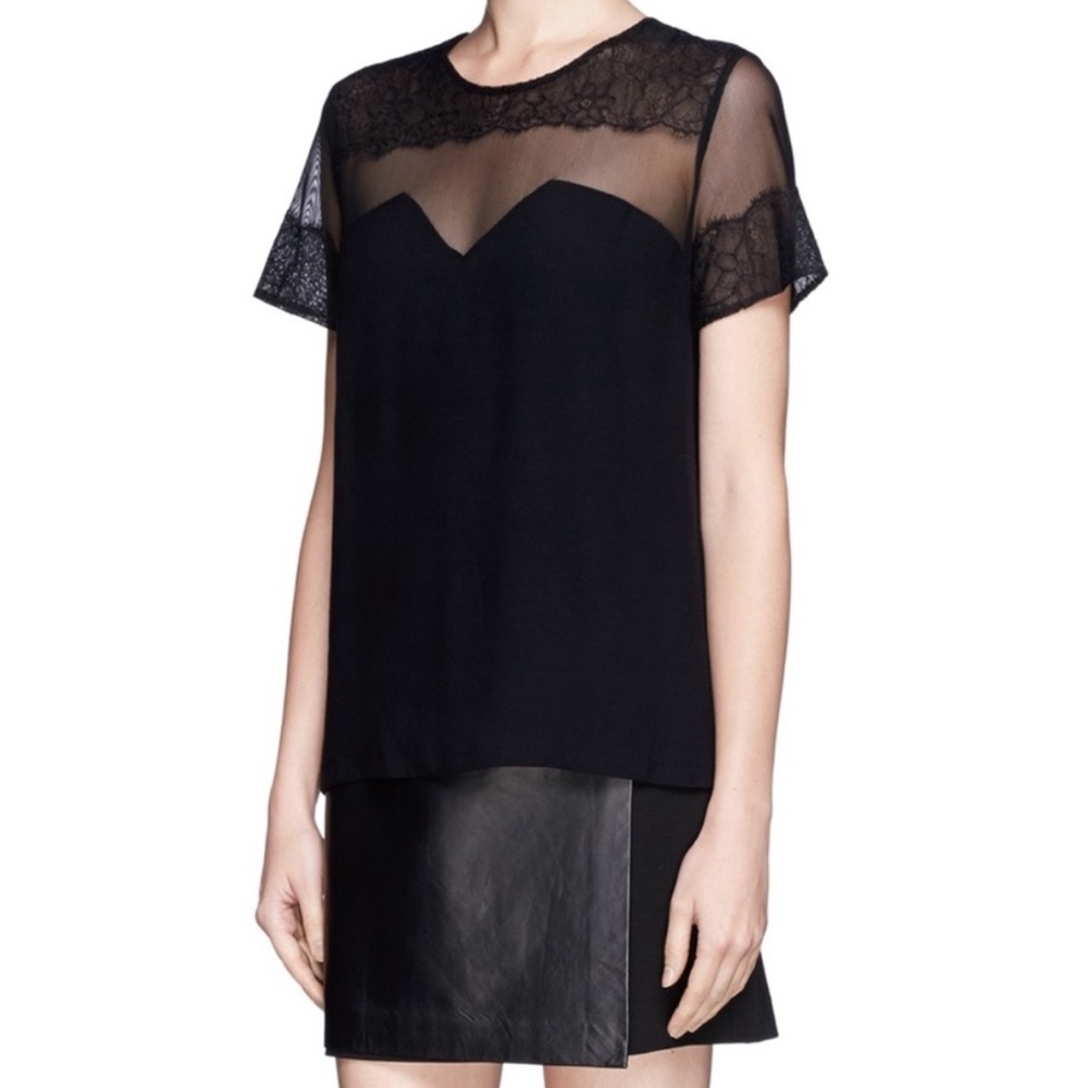 SANDRO Lace Panel Mesh Short Sleeve Blouse Top Quiet Luxury Monochrome Feminine